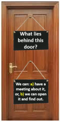A door with question: What lies behind this door?